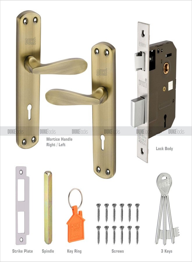 دوق طقم مقابض أبواب Duke Mortise | قفل مقبض باب للأبواب الرئيسية والداخلية | MH-624 BA KY | آلية قفل بستة أذرع | مزلاج قابل للعكس | قفل للأبواب الخشبية (تشطيب نحاسي عتيق غير لامع) - Image 3